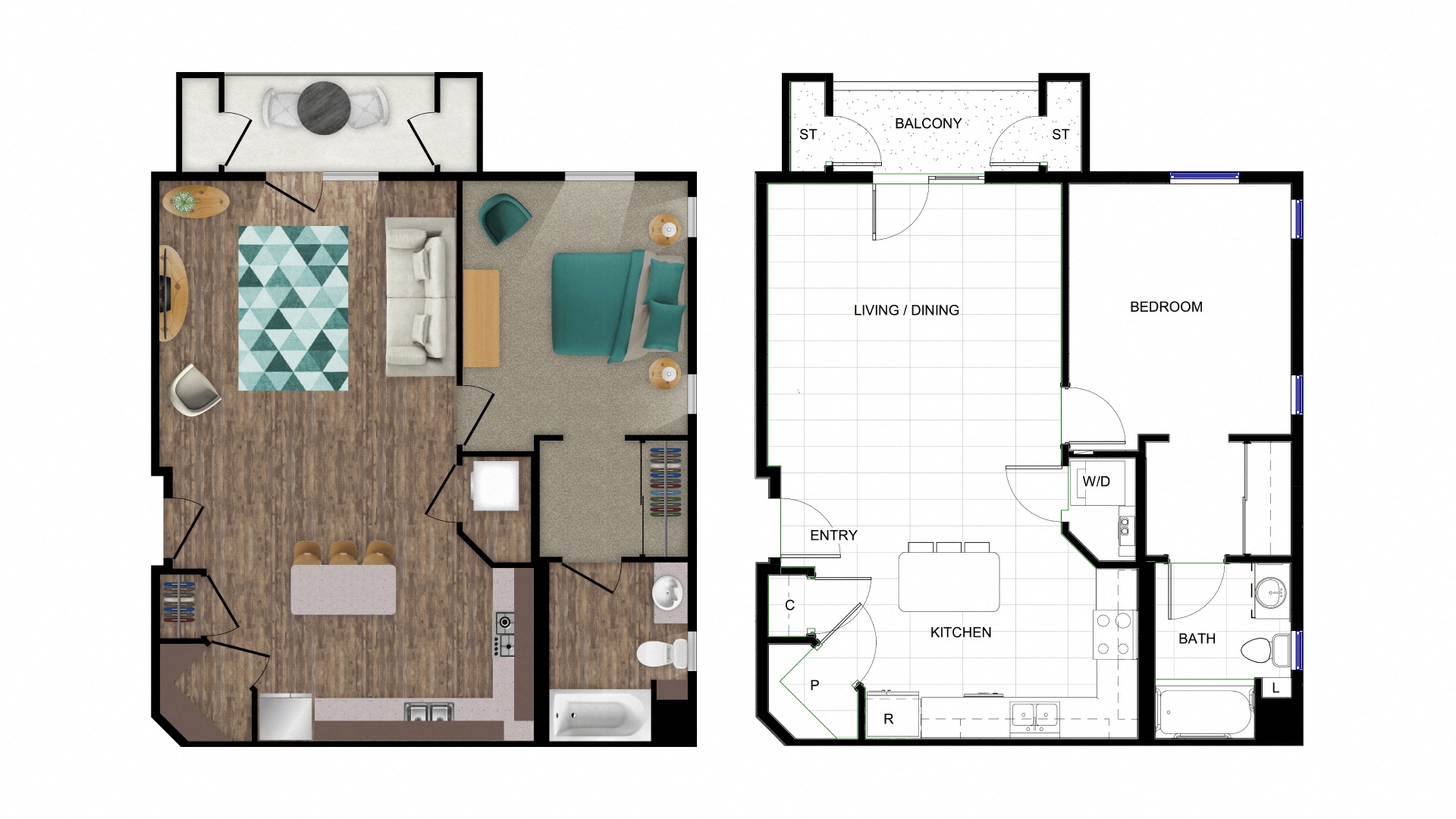Floor plan for 1 bed, 1 bath, 790 sqft